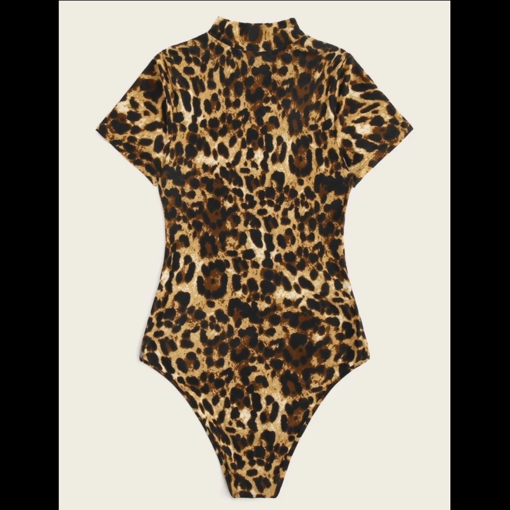 Leopard Print Mock Neck Cheeky Bodysuit